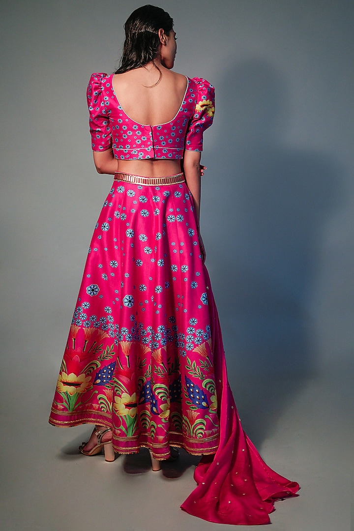 Neon Fuchsia Embroidered & Hand Painted Wedding Lehenga Set by Saksham and Neharicka at Pernia's Pop Up Shop