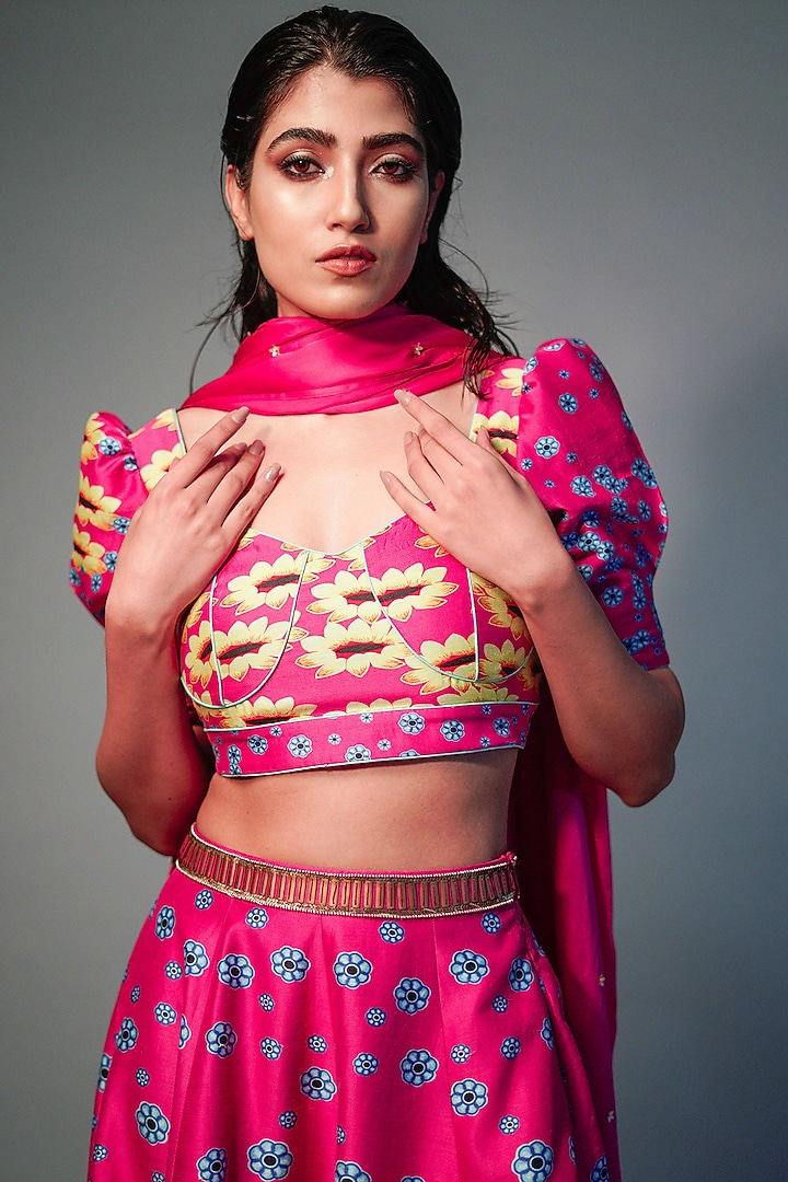 Neon Fuchsia Embroidered & Hand Painted Wedding Lehenga Set by Saksham and Neharicka at Pernia's Pop Up Shop