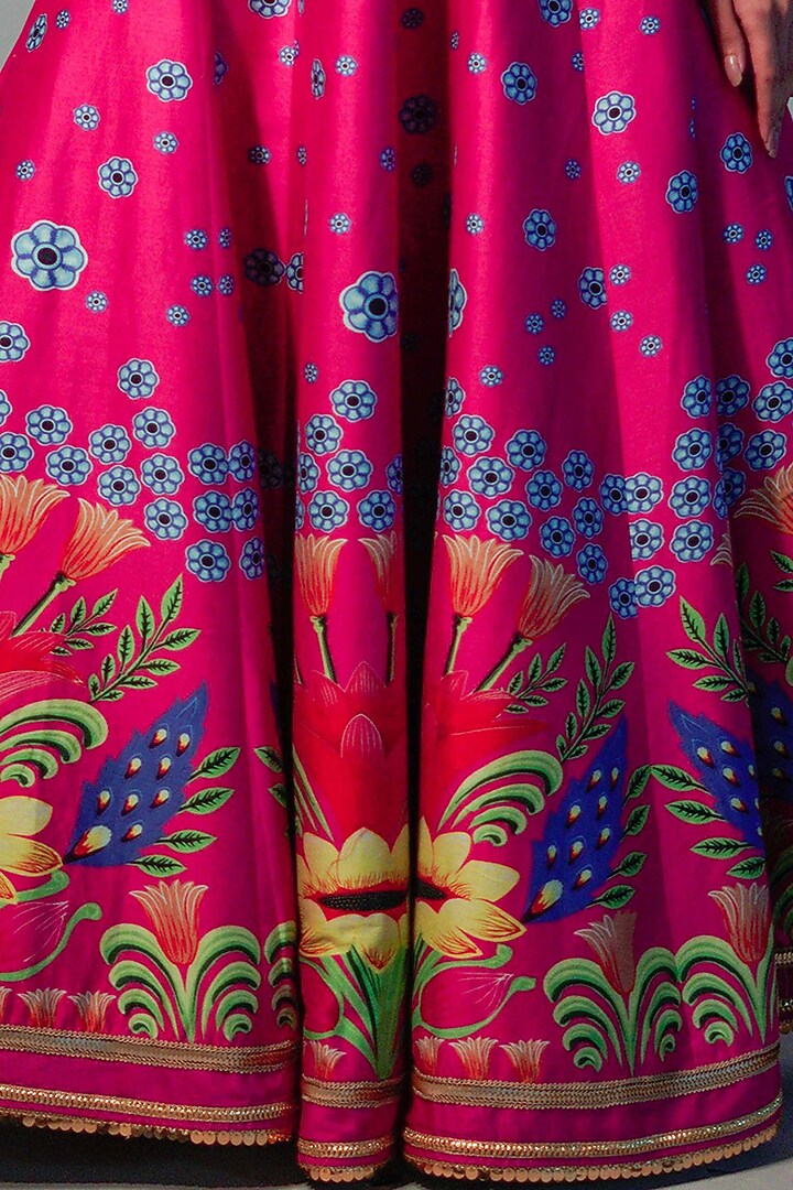 Neon Fuchsia Embroidered & Hand Painted Wedding Lehenga Set by Saksham and Neharicka at Pernia's Pop Up Shop