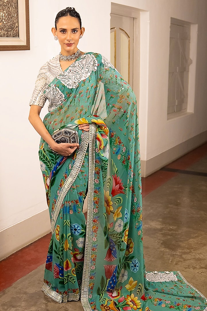 Pastel Teal Georgette Floral Printed & Zardosi Embroidered Wedding Saree Set by Saksham and Neharicka at Pernia's Pop Up Shop