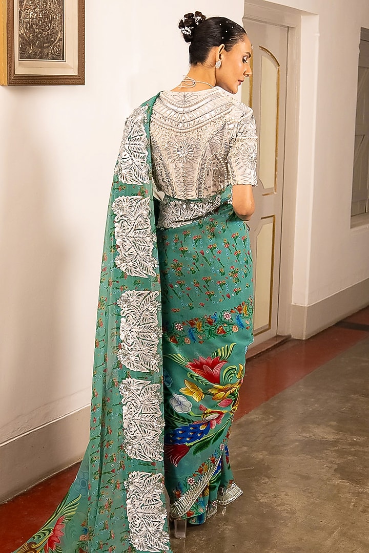 Pastel Teal Georgette Floral Printed & Zardosi Embroidered Wedding Saree Set by Saksham and Neharicka at Pernia's Pop Up Shop