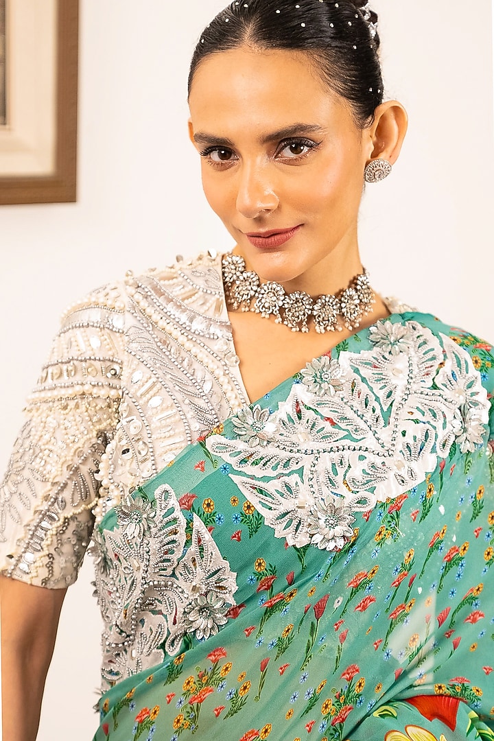 Pastel Teal Georgette Floral Printed & Zardosi Embroidered Wedding Saree Set by Saksham and Neharicka at Pernia's Pop Up Shop