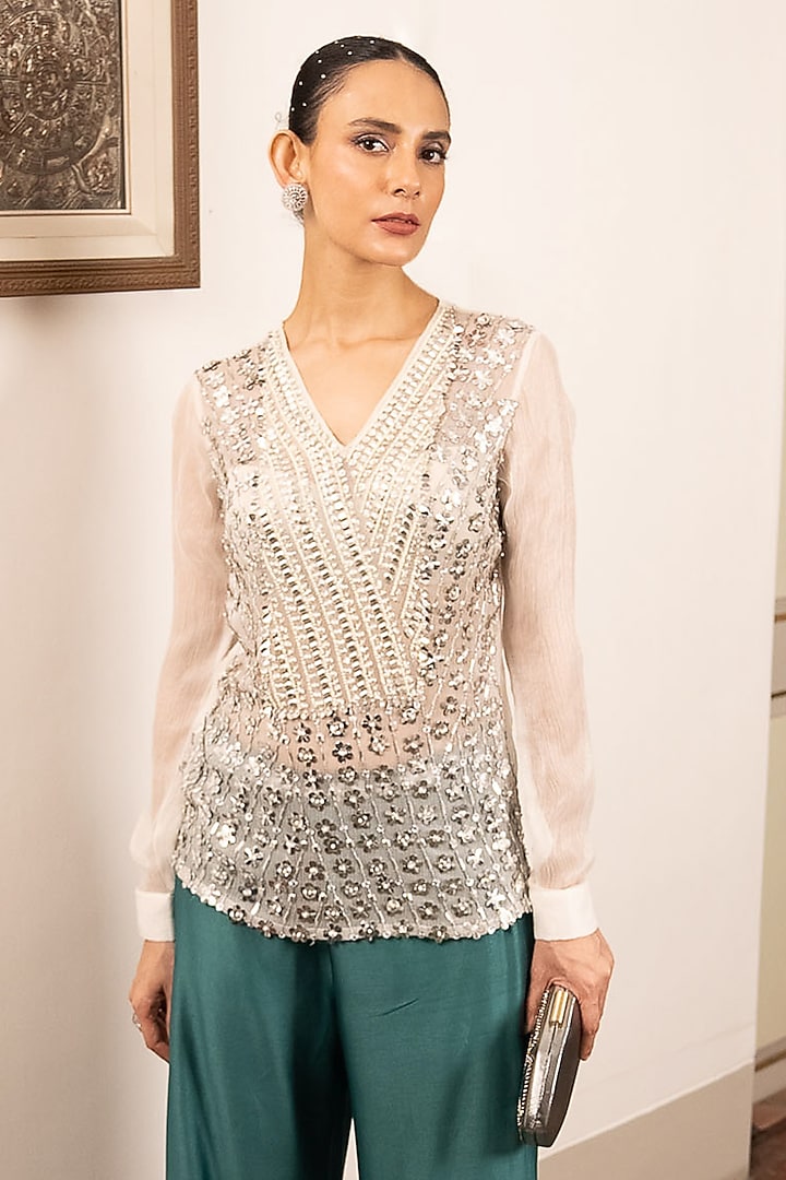 Ivory Chiffon Aari & Zardosi Embroidered Top by Saksham and Neharicka at Pernia's Pop Up Shop