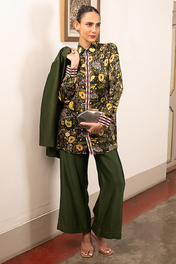 Green Satin & Cotton Silk Floral Hand Painted Shirt by Saksham and Neharicka at Pernia's Pop Up Shop