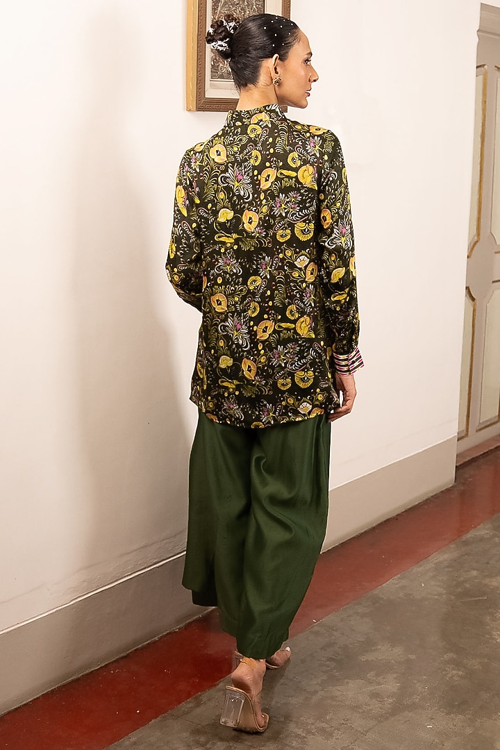 Green Satin & Cotton Silk Floral Hand Painted Shirt by Saksham and Neharicka at Pernia's Pop Up Shop
