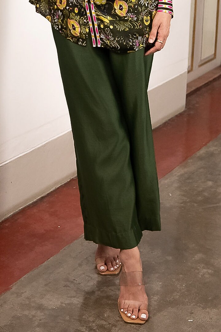 Green Satin & Cotton Silk Floral Hand Painted Shirt by Saksham and Neharicka at Pernia's Pop Up Shop