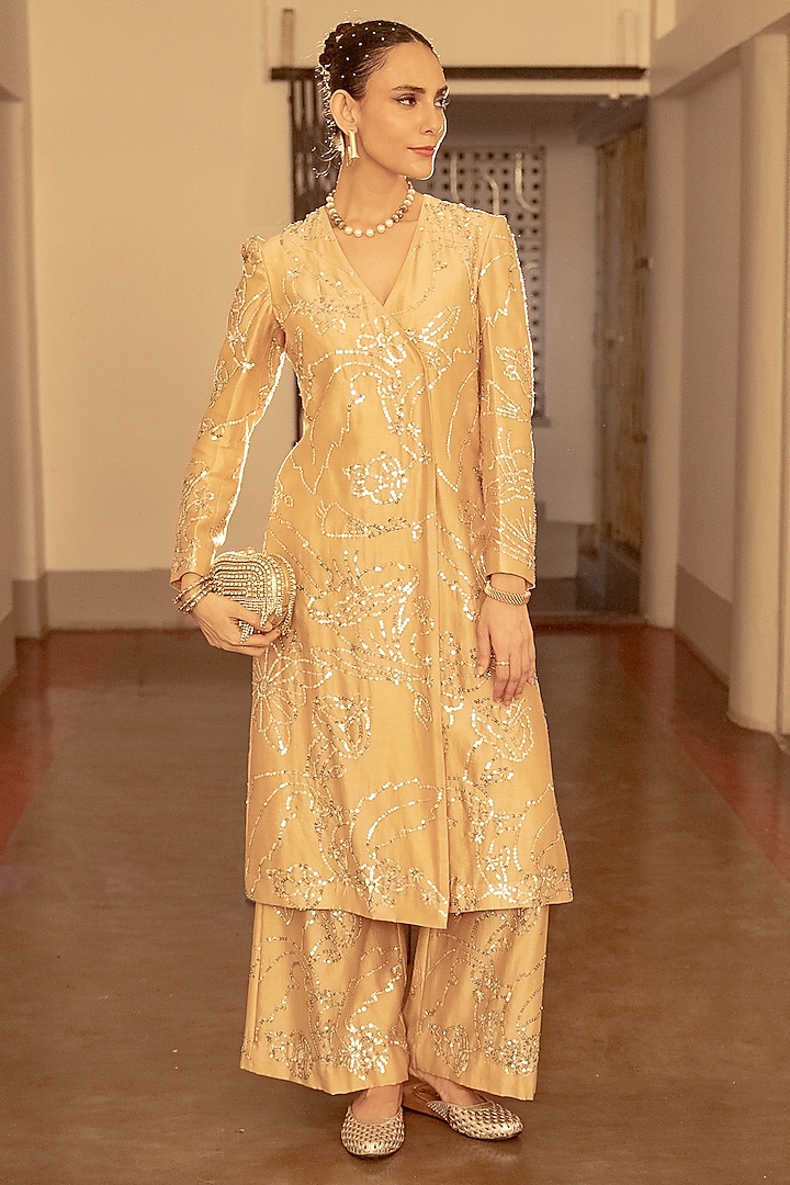 Beige Pure Cotton Silk Sequins Hand Embroidered Kurta Set by Saksham and Neharicka at Pernia's Pop Up Shop