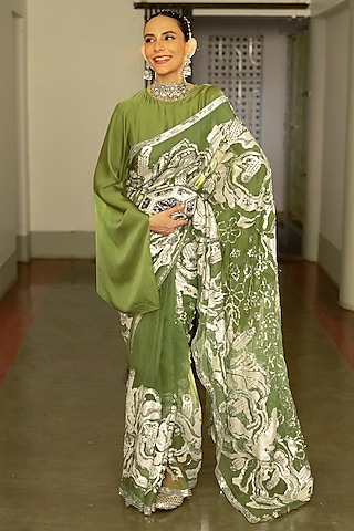 Olive Green Pure Silk Organza Sequins & Bead Embroidered Saree Set by Saksham and Neharicka
