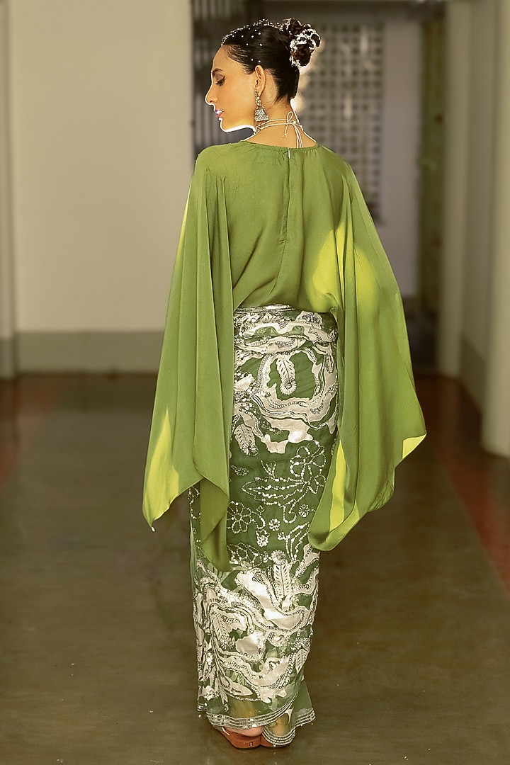Olive Green Pure Silk Organza Sequins & Bead Embroidered Wedding Saree Set by Saksham and Neharicka at Pernia's Pop Up Shop