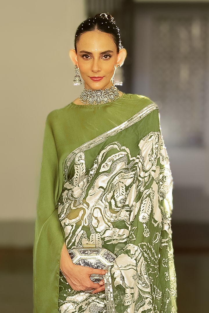 Olive Green Pure Silk Organza Sequins & Bead Embroidered Wedding Saree Set by Saksham and Neharicka at Pernia's Pop Up Shop
