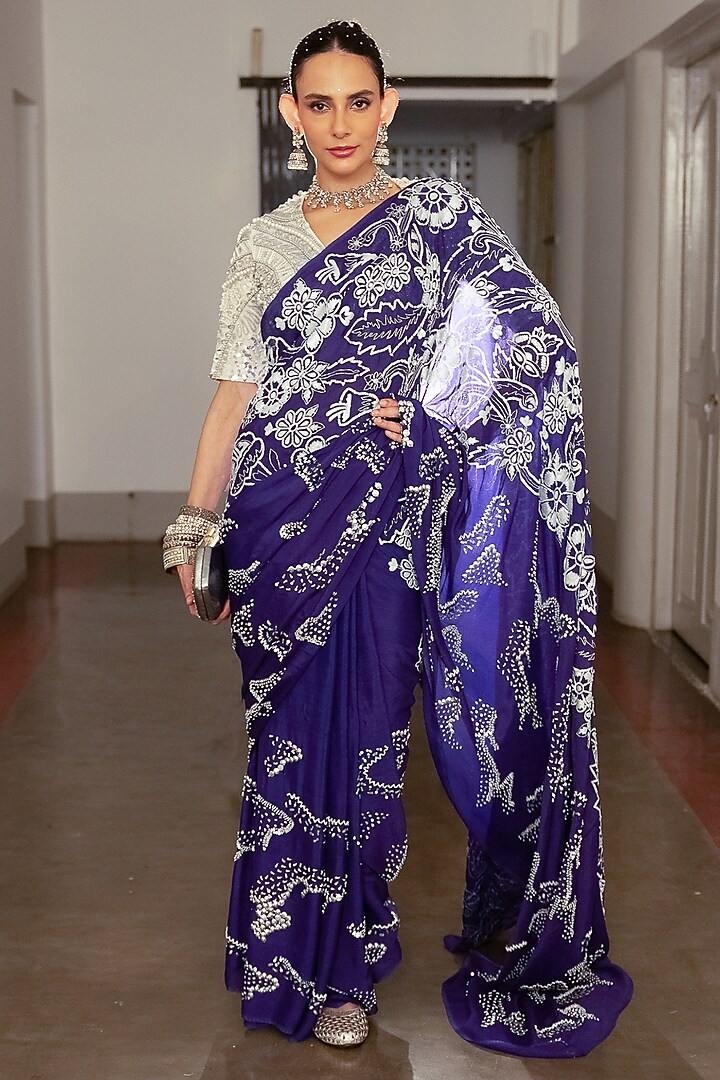 Violet Georgette Pearl Embroidered Saree Set by Saksham and Neharicka at Pernia's Pop Up Shop