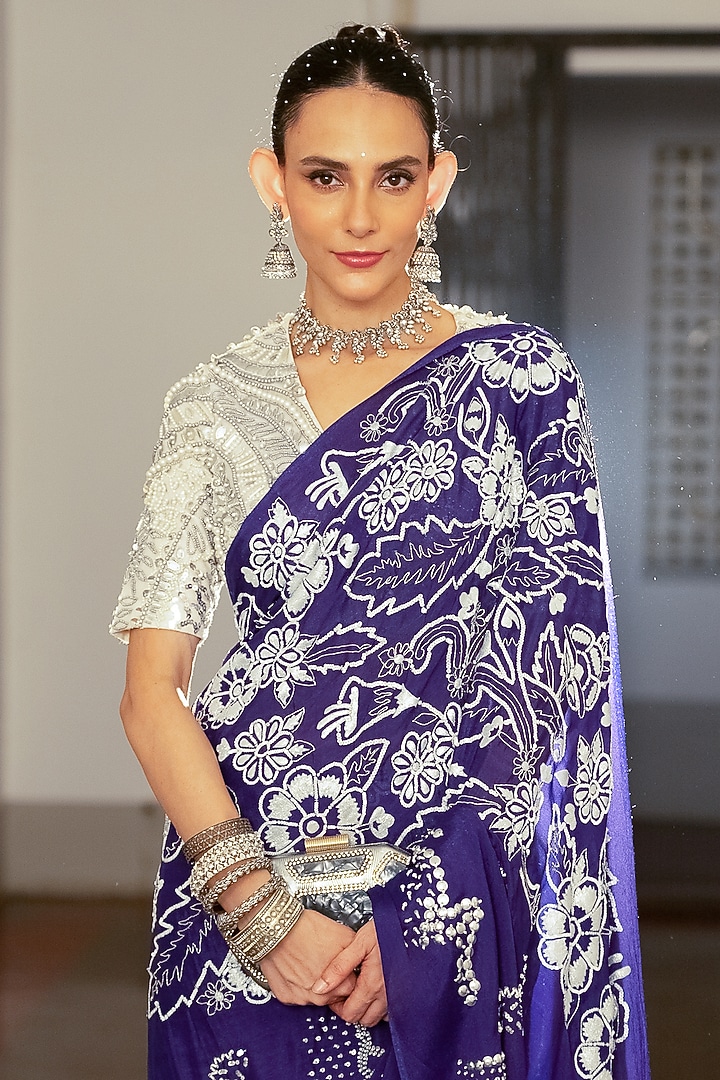 Violet Georgette Pearl Embroidered Wedding Saree Set by Saksham and Neharicka at Pernia's Pop Up Shop