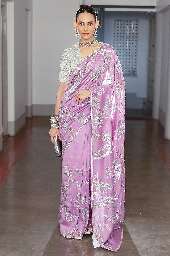 Lavender Cotton Silk Sequins & Aari Embroidered Saree Set by Saksham and Neharicka at Pernia's Pop Up Shop