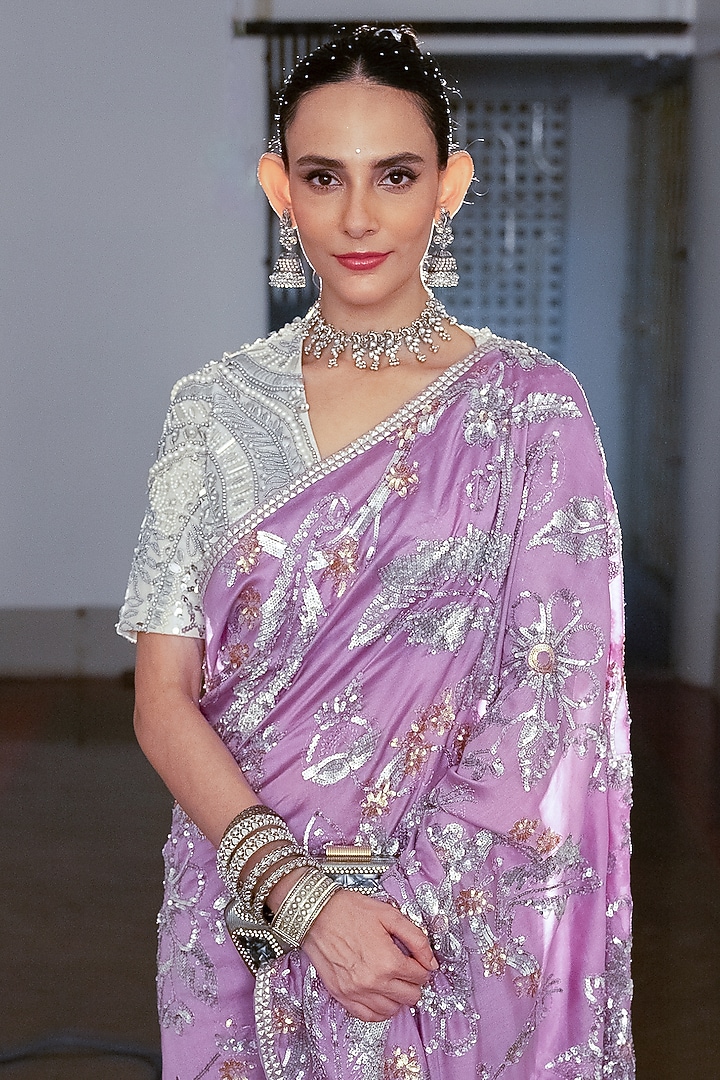 Lavender Cotton Silk Sequins & Aari Embroidered Reception Saree Set by Saksham and Neharicka at Pernia's Pop Up Shop