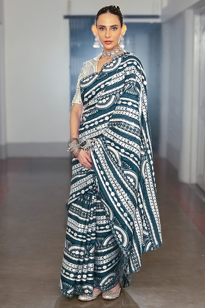 Cobalt Blue Pure Cotton Silk Digital Printed Saree Set by Saksham and Neharicka at Pernia's Pop Up Shop