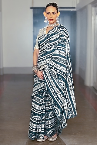 Cobalt Blue Pure Cotton Silk Digital Printed Saree Set by Saksham and Neharicka