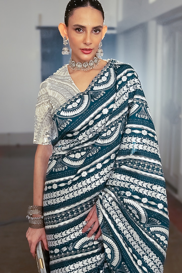 Cobalt Blue Pure Cotton Silk Digital Printed Reception Saree Set by Saksham and Neharicka at Pernia's Pop Up Shop