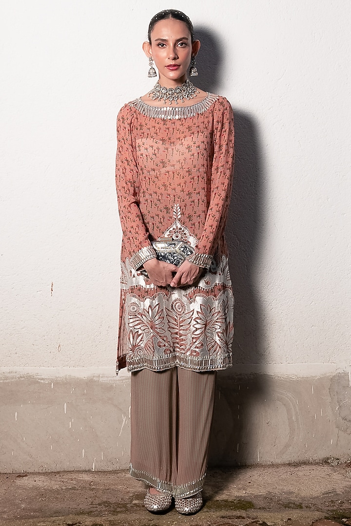 Blush Pink Georgette Floral Printed & Hand Embroidered A-Line Kurta Set by Saksham and Neharicka at Pernia's Pop Up Shop