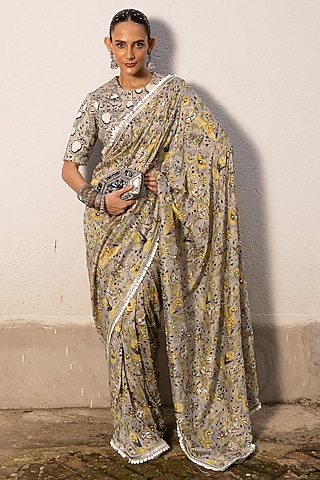 Grey Cotton Silk Printed & Hand Embroidered Saree Set by Saksham and Neharicka