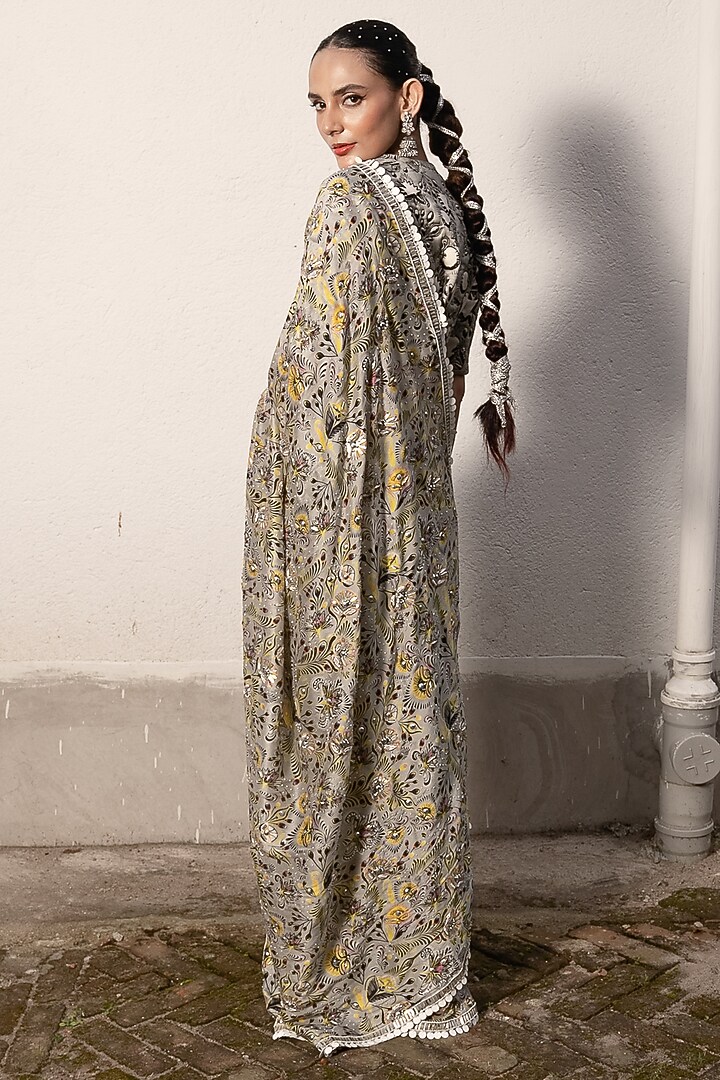 Grey Cotton Silk Printed & Hand Embroidered Wedding Saree Set by Saksham and Neharicka at Pernia's Pop Up Shop