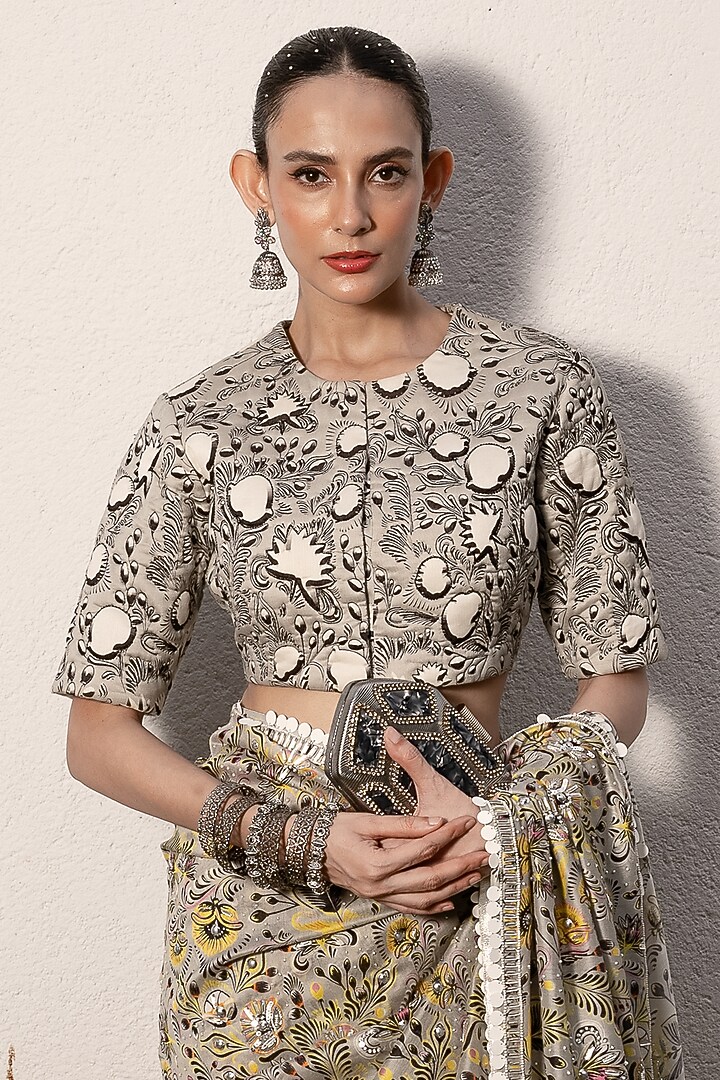 Grey Cotton Silk Printed & Hand Embroidered Wedding Saree Set by Saksham and Neharicka at Pernia's Pop Up Shop