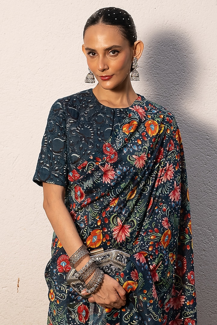 Multi-Colored Cotton Silk Printed Wedding Saree Set by Saksham and Neharicka at Pernia's Pop Up Shop