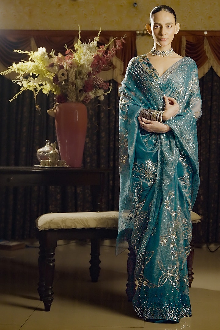 Teal Sheer Chiffon Floral Jaal Hand Embroidered Saree Set by Saksham and Neharicka at Pernia's Pop Up Shop