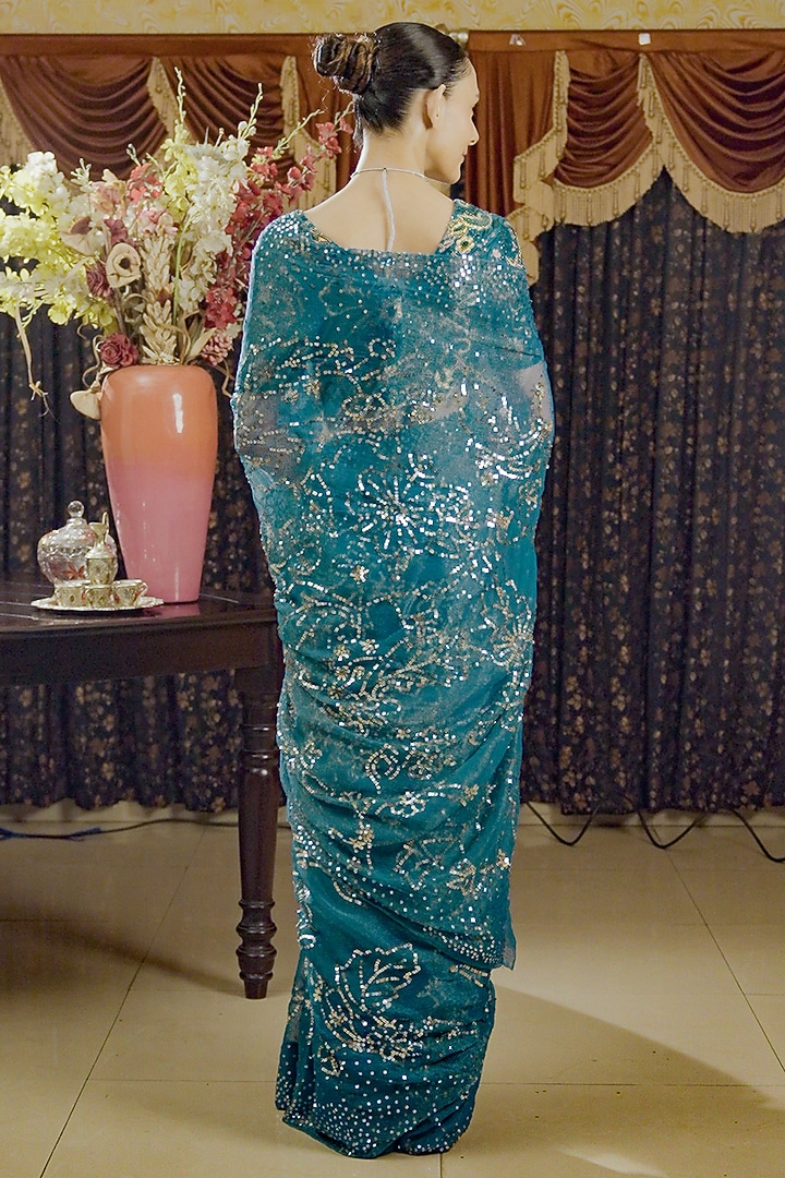 Teal Sheer Chiffon Floral Jaal Hand Embroidered Reception Saree Set by Saksham and Neharicka at Pernia's Pop Up Shop
