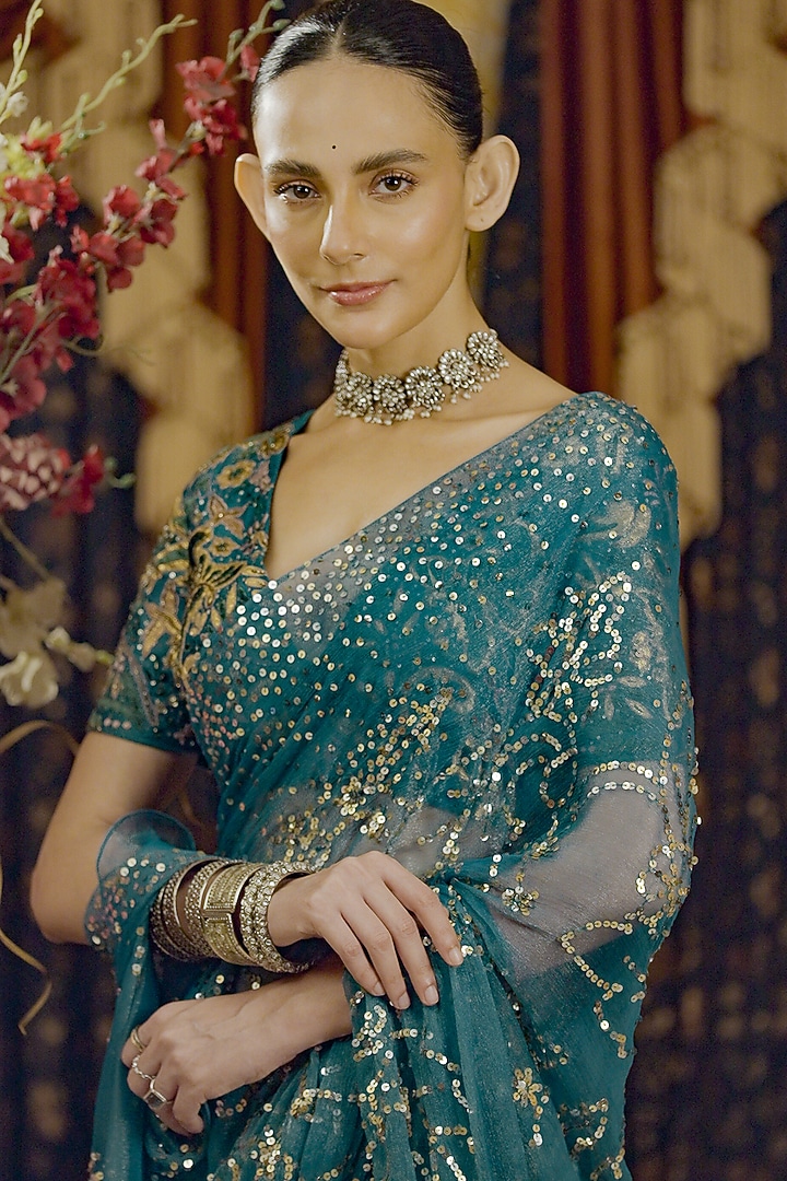 Teal Sheer Chiffon Floral Jaal Hand Embroidered Reception Saree Set by Saksham and Neharicka at Pernia's Pop Up Shop