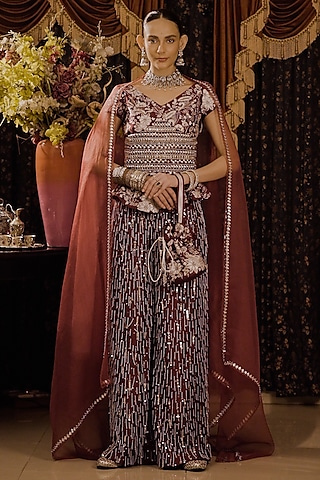Maroon Cotton Silk Hand Embroidered Palazzo Pant Set by Saksham and Neharicka