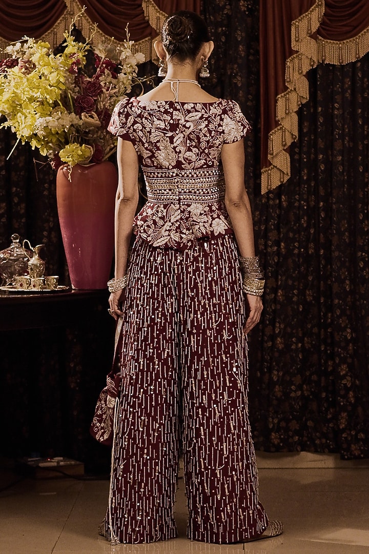 Maroon Cotton Silk Hand Embroidered Palazzo Pant Set by Saksham and Neharicka at Pernia's Pop Up Shop