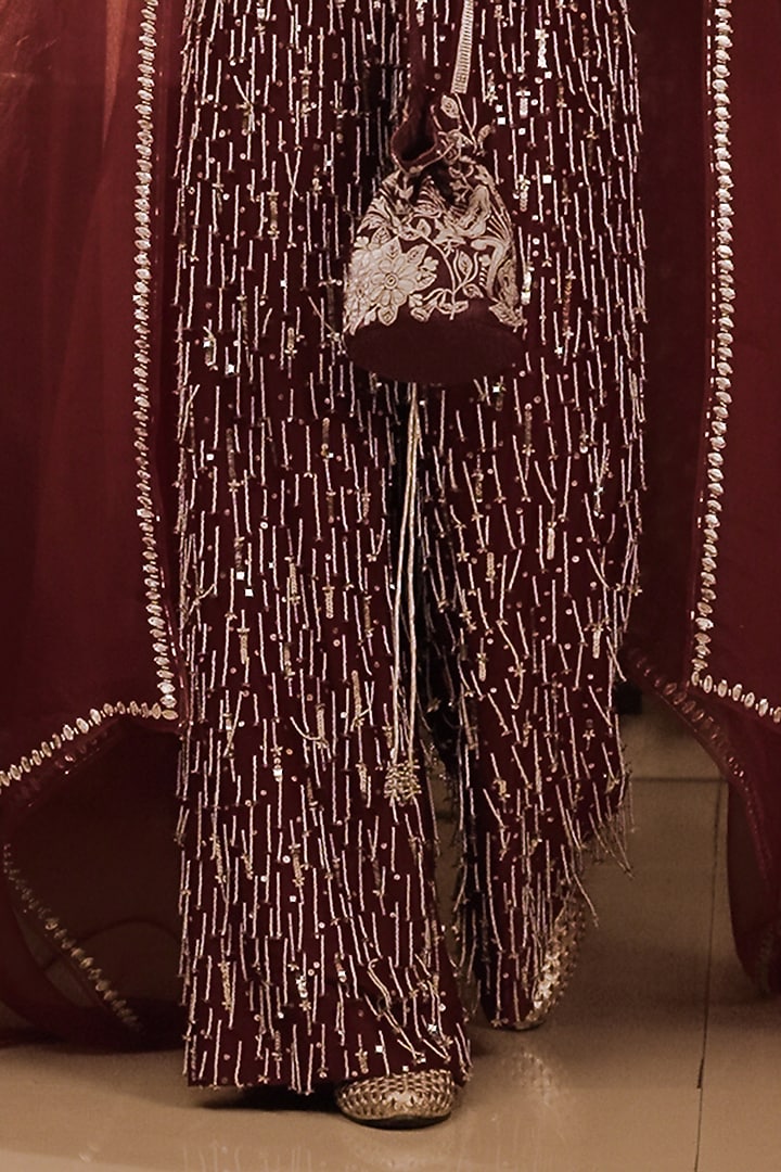 Maroon Cotton Silk Hand Embroidered Palazzo Pant Set by Saksham and Neharicka at Pernia's Pop Up Shop