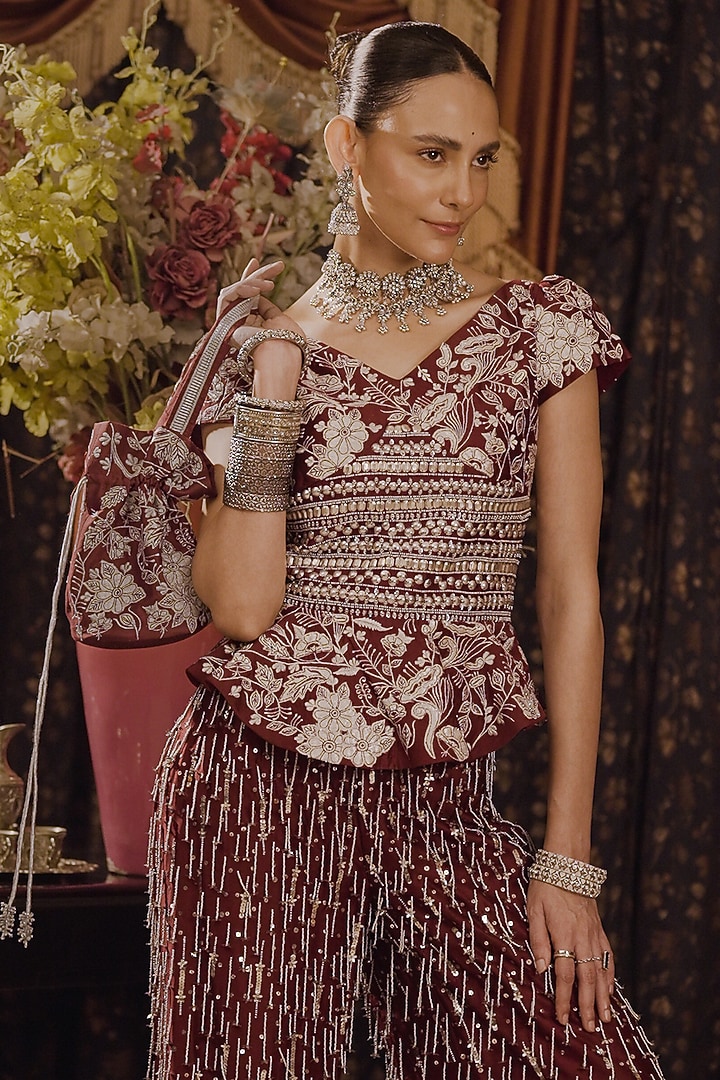 Maroon Cotton Silk Hand Embroidered Palazzo Pant Set by Saksham and Neharicka at Pernia's Pop Up Shop