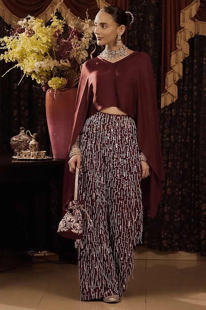 Maroon Cotton Silk Hand Embroidered Palazzo Pant Set by Saksham and Neharicka at Pernia's Pop Up Shop