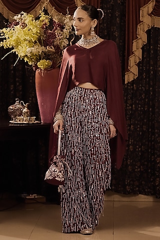 Maroon Cotton Silk Hand Embroidered Palazzo Pant Set by Saksham and Neharicka