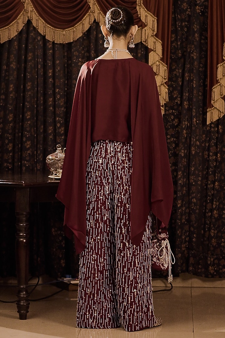 Maroon Cotton Silk Hand Embroidered Palazzo Pant Set by Saksham and Neharicka at Pernia's Pop Up Shop