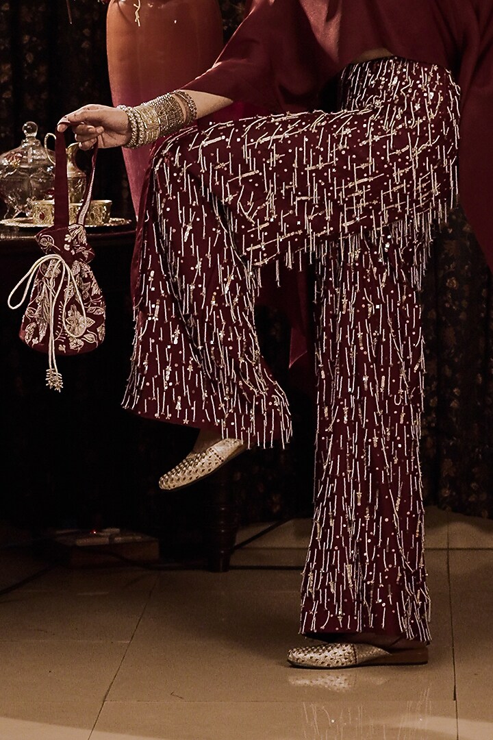 Maroon Cotton Silk Hand Embroidered Palazzo Pant Set by Saksham and Neharicka at Pernia's Pop Up Shop