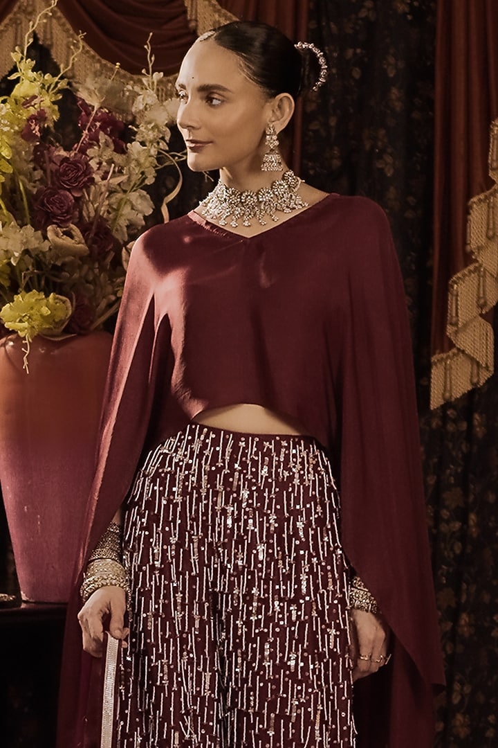 Maroon Cotton Silk Hand Embroidered Palazzo Pant Set by Saksham and Neharicka at Pernia's Pop Up Shop