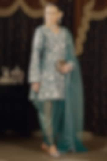 Teal Cotton Silk Applique Embroidered A-Line Kurta Set by Saksham and Neharicka at Pernia's Pop Up Shop