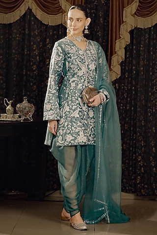 Teal Cotton Silk Applique Embroidered A-Line Kurta Set by Saksham and Neharicka