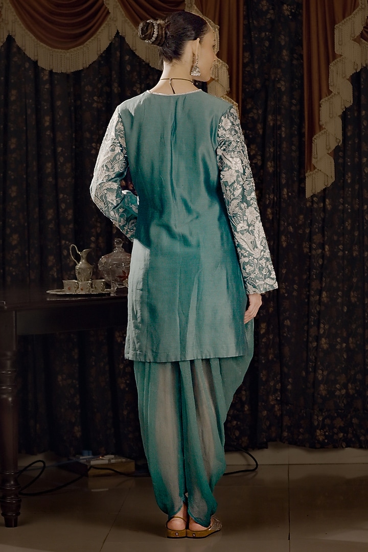 Teal Cotton Silk Applique Embroidered A-Line Kurta Set by Saksham and Neharicka at Pernia's Pop Up Shop