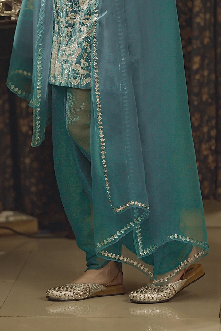 Teal Cotton Silk Applique Embroidered A-Line Kurta Set by Saksham and Neharicka at Pernia's Pop Up Shop