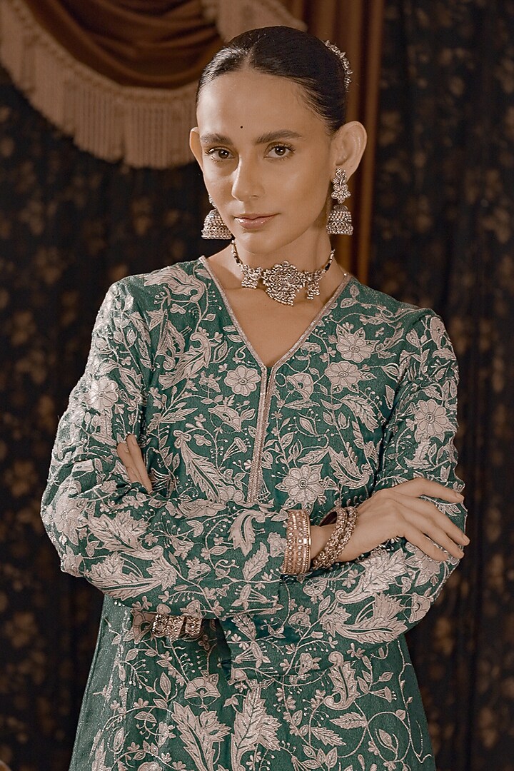 Teal Cotton Silk Applique Embroidered A-Line Kurta Set by Saksham and Neharicka at Pernia's Pop Up Shop