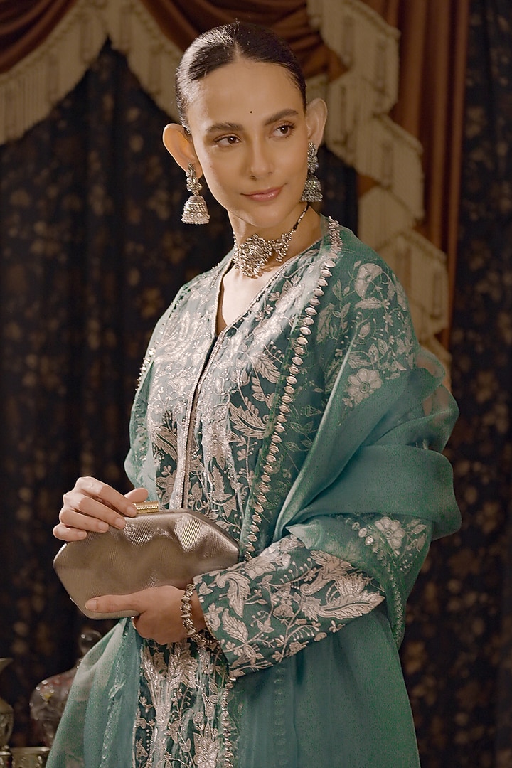 Teal Cotton Silk Applique Embroidered A-Line Kurta Set by Saksham and Neharicka at Pernia's Pop Up Shop