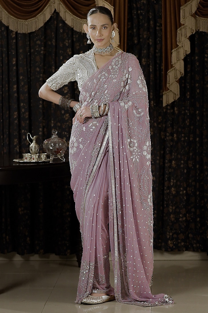 Lavender Georgette Gota Applique & Zardosi Embroidered Saree Set by Saksham and Neharicka at Pernia's Pop Up Shop