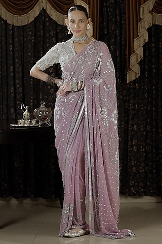 Lavender Georgette Gota Applique & Zardosi Embroidered Saree Set by Saksham and Neharicka
