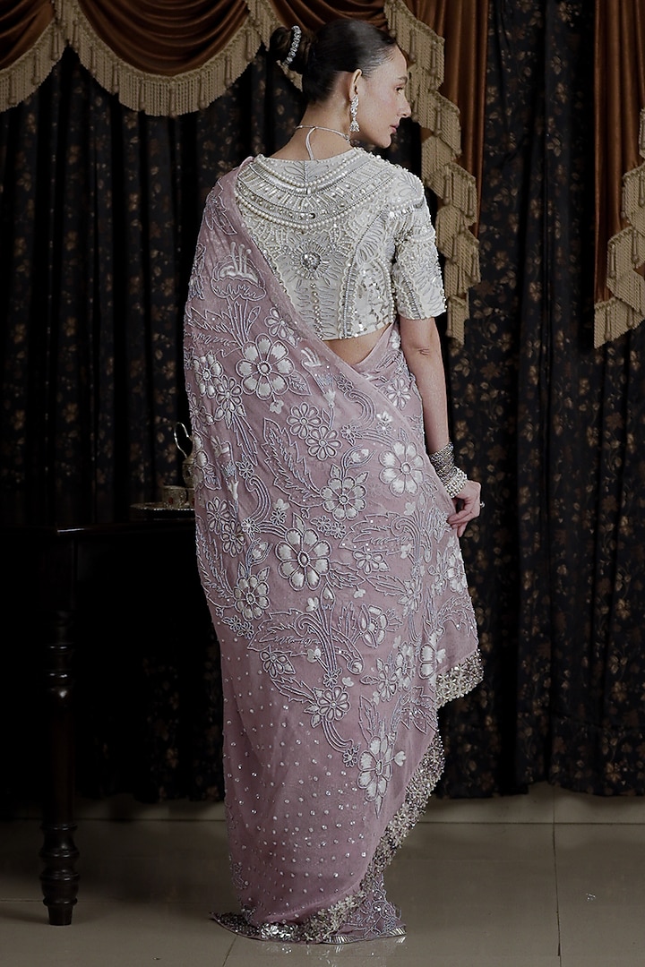 Lavender Georgette Gota Applique & Zardosi Embroidered Wedding Saree Set by Saksham and Neharicka at Pernia's Pop Up Shop