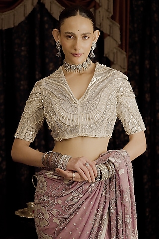 White Net Aari Hand Embroidered Blouse by Saksham and Neharicka