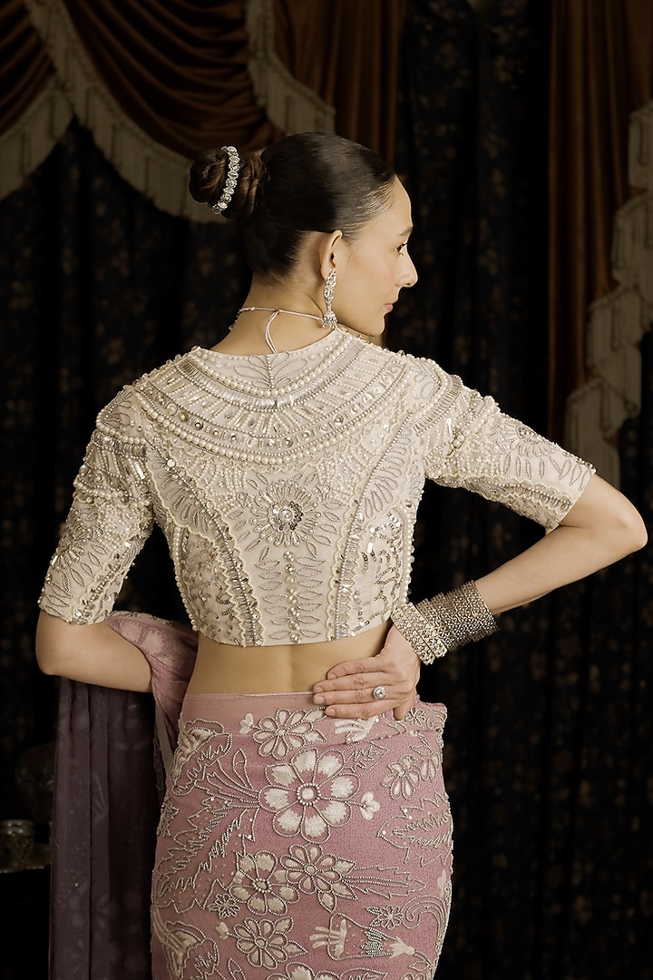 White Net Aari Hand Embroidered Blouse by Saksham and Neharicka at Pernia's Pop Up Shop
