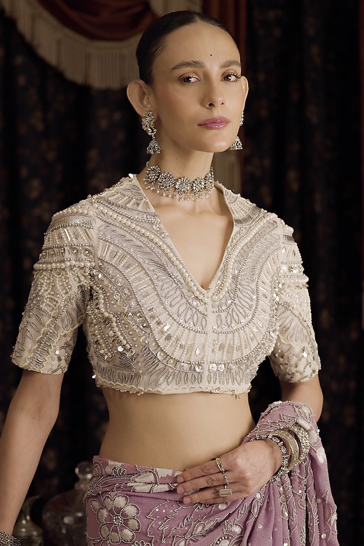 White Net Aari Hand Embroidered Blouse by Saksham and Neharicka at Pernia's Pop Up Shop